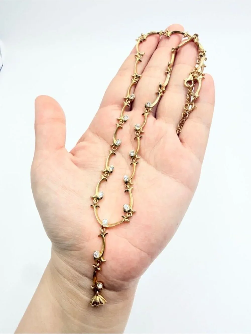 Vintage Gold Tone Rhinestone Y Drop Necklace Art Nouveau Style